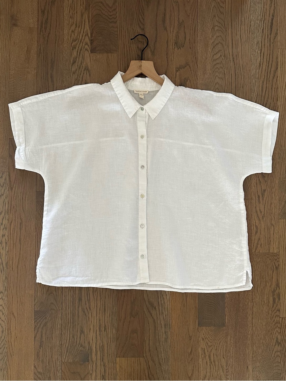 Eileen Fisher Washed Organic Linen Collared Dolman Sleeve Shirt in White Large